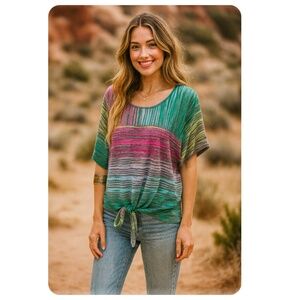 STUDIO PETITE Green Pink Short Sleeve Tie Waist Top Size M/L (Approx.)